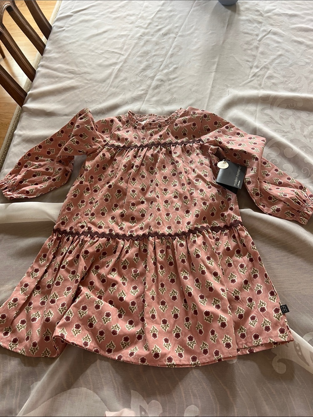 Girls' Pink Floral Tiered Long-Sleeve Dress